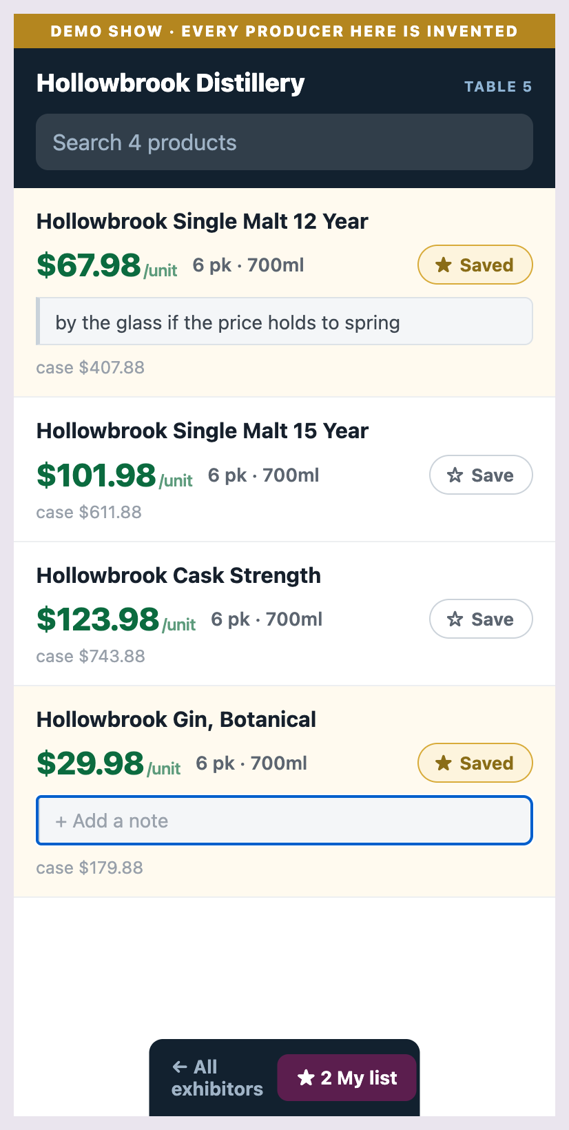 A phone screen showing one
      exhibitor's products with prices, two saved, and a typed note under one.