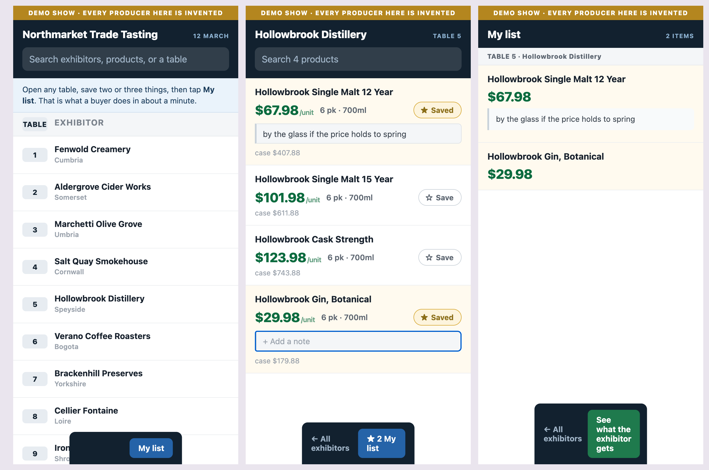 Three phone screens: the
      exhibitor list by table number, one exhibitor's products with prices, and a buyer's saved
      list with a typed note.